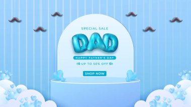 Canlı bir Babalar Günü tanıtımı. Bıyık süslemeleri ve kalp şekilleriyle mavi temalı bir tasarım. Festival reklamları ve mevsimlik kampanyalar için ideal..