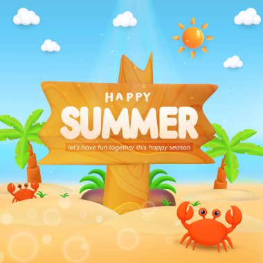 Parlak ve neşeli yaz temalı resimde tropikal elementler, palmiye ağaçları, oyuncu yengeçler, tahta bir işaret ve güneşli gökyüzü yer alıyor. Yaz tatillerinin ve deniz kıyısındaki festivallerin eğlenceli özünü yakalıyor.