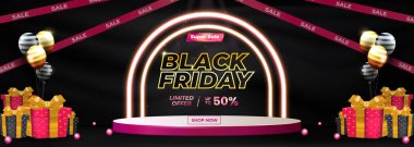 Neon ışıkları, yüzen balonlar, hediye kutuları ve satılık süslemelerle Kara Cuma afişi yakalıyor. Mevsimsel satışlar sırasında pazarlama etkinlikleri, reklamlar ve festival alışveriş kampanyaları için ideal..