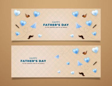 Babalar Günü temalı pankartta mavi kalpler, bıyıklar, kağıt uçak ve mesaj yer alıyor. Babalar için sevgi, kutlama ve takdiri sembolize ediyor. Terfiler, kutlamalar ve şenlikli tasarımlar için uygun..