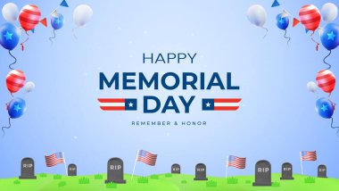 Anma Günü anısına Amerikan bayrakları ve balonlarıyla birlikte mezarlar, askerlik hizmetinin onuru ve onurunu simgeleyen bir illüstrasyon. Ölen kahramanları hatırlamak ve onurlandırmak için yürekten bir mesaj..