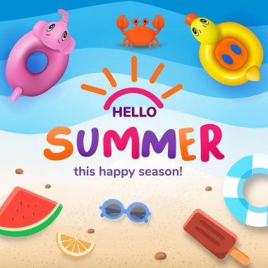 Parlak ve neşeli yaz temalı illüstrasyonlar şişme oyuncaklar, meyveler ve canlı renklerle plaj aktiviteleri sergiliyor. Yaz tatili sezonunun neşe ve heyecanını aktarmak için mükemmel bir görüntü..