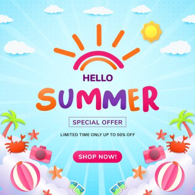 Promosyon metni, tropikal elementler ve parlak renklerin yer aldığı canlı yaz temalı illüstrasyon. Pazarlama kampanyaları, satışlar ve sıcak sezon promosyonları için mükemmel bir görsel..