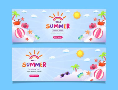 Renkli plajlar ve seyahat ikonları ile neşeli yaz tanıtım afişleri, eğlence ve rahatlama çağrıştırıyor. Mevsimlik reklamlar, tatil temaları veya seyahatle ilgili kampanyalar için ideal, yaz atmosferlerini ve güneşli zamanları vurgulamak için.