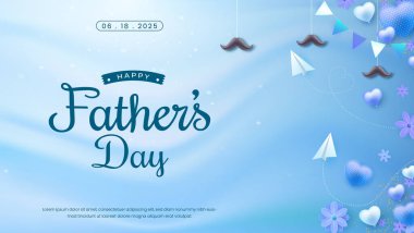 Güzel tasarlanmış Babalar Günü kartı. Mavi temalı, bıyıklı, kalpli ve şenlikli bir dekor. Bu özel günde sevgi ve takdiri ifade etmek için ideal..