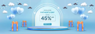 Mavi ve turuncu balonlar, hediye kutuları ve şık bir podyumda indirimli bir reklam sunan bir Babalar Günü tanıtım tasarımı. Satışlar, kutlamalar ve keyifli etkinlikler için mükemmel..