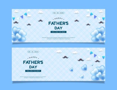 Mavi Temalı Babalar Günü Bıyıklı ve Balonlu Pankartlarını Ayarla