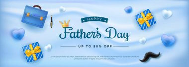 Babalar Günü 'nü, hediyelerin, kalplerin ve mavi arka planda, satış, reklamlar ve şenlikler için mükemmel bir taç tasarımının yer aldığı bu tanıtım pankartıyla kutlayın..