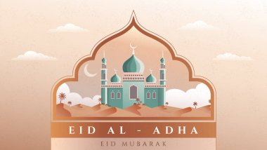 Çöl sahnesinde camii olan zarif bayram Al Adha tebrik kartı tasarımı. Hilal ay ve bulutları kapsar, şenlikli ve ruhani bir atmosfer yaratır. İslami kutlama ve tatil tasarımları için ideal..