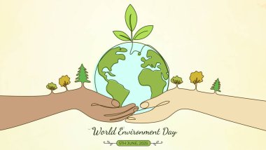 Dünya Çevre Günü için ağaçlarla çevrili dünyayı tutan ellerle çevresel farkındalığı teşvik eden ve gezegeni korumak için birlik olan bir resim..