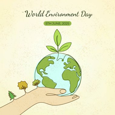 Dünya Çevre Günü 'nü yeşil bir bitkiyle el ele tutuşarak kutlayan resimli sanat eserleri. Sürdürülebilirliği, çevresel farkındalığı ve doğa ile uyumu teşvik eder, çevre dostu ve koruma kavramlarını vurgular.