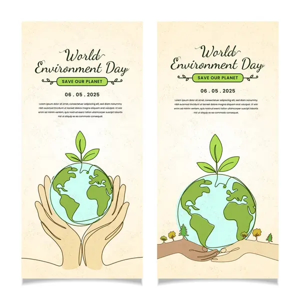 Büyüyen bitkilerle el ele tutuşmayı, sürdürülebilirliği, doğayı korumayı ve Dünya Çevre Günü 'nü sembolize etmeyi öngören, çevresel farkındalığı teşvik eden Dikey Sancak illüstrasyonunu ayarla.