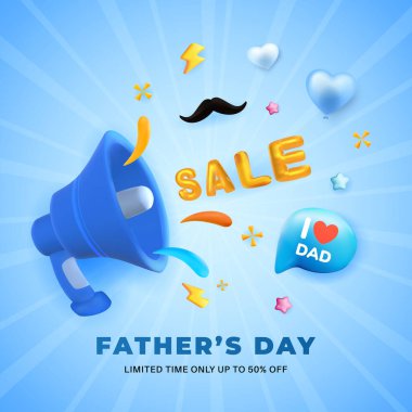 Renkli tanıtımlı Babalar Günü indirimler, canlı dekorasyonlar ve bu özel durum için heyecan ve kutlama içeren satış resmi..