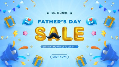 Babalar Günü için kutlama afişi, hediyeler, parlak dekorasyonlar. Şenlik unsurları heyecan, mutluluk ve takdiri çağrıştırıyor.