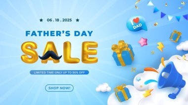 Babalar Günü özel satışını hediye ve kutlama öğeleriyle destekleyen renkli bir reklam. Promosyon metniyle tamamlanan mavi tema, babaları özel günlerinde onurlandırdıkları için sevinç ve heyecanı yansıtıyor..