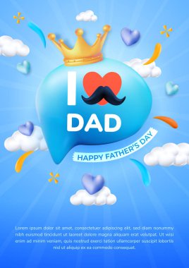 Poster Parlak ve Neşeli Babalar Günü temalı tasarımda mavi bir balon, taç ve ışıltılı bir ortamda kutlama unsurları yer alıyor..