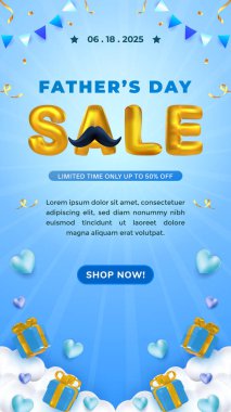 Dikey Babalar Günü 'nü özel bir tanıtım indirimiyle kutlayalım. Mavi arka planda hediyeler, kalpler ve altın metinler içeren canlı bir tasarımla sunulan indirimleri keşfedin.