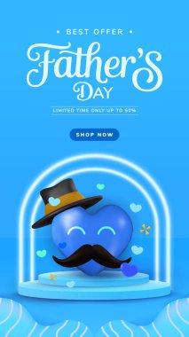 Babalar Günü için dikey tanıtım afişi, bıyıklı, şenlikli mavi bir kalp ve ayrıntılar. Reklamlar ve babacan hediyelerin altını çizen kutlamalar için mükemmel..