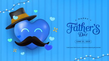 Çizgili arka planda şapka ve bıyıklı mavi kalp sembolü. Babalar Günü kutlamaları, kutlama tasarımları ve şenlikli sanat eserleri için mükemmel. Neşeli elementler ve olay ayrıntılarını içerir