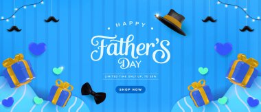 Parlak Mavi Babalar Günü afişi. Şapka, papyon, hediyeler, kalp şekilleri, şenlikli ruhun tanıtımı..