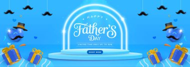 Babalar Günü 'nü hediyeler, dekoratif bir sahne, bıyıklar ve şenlikli unsurlarla kutlayın. Hepsi neşe ve heyecan uyandırmak için mavi arka planda..