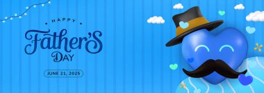 Babalar gününü, kalp tasarımı, şık bir şapka ve bıyıklı, her yerdeki babalar için sevgi, saygı ve neşeyi simgeleyen canlı mavi temalı bir selamlama ile kutlayın..