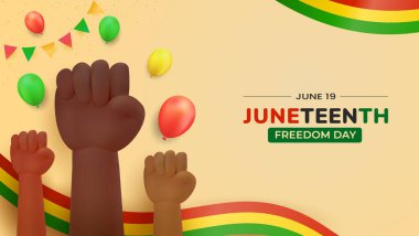 Dayanışma, dekoratif balonlar, canlı Afrika renkleri ve köleliğin kaldırılması ve Afro-Amerikan mirasının esnekliğinin anıldığı kutlama sembollerinin yer aldığı Haziran Özgürlük Günü posteri.