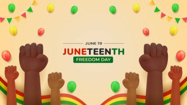 Haziran Özgürlük Günü 'nü canlı renklerle kutlayın, birlik ve şenlik dekorasyonlarını simgeleyen yumruklar kaldırın. Bu görüntü, özgürlük, güç ve gurur ruhunu yansıtır..