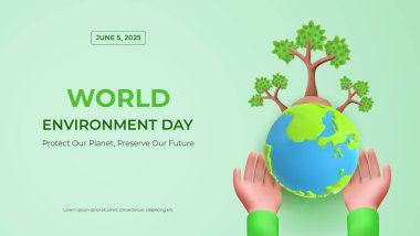 Dünya Çevre Günü 'nü kutlayan canlı bir illüstrasyon. Yeşil bir Dünya' yı tutan eller, büyüyen ağaçlar ve yatıştırıcı yeşil bir arka plana karşı sürdürülebilirliği destekleyen senaryolu bir mesaj..