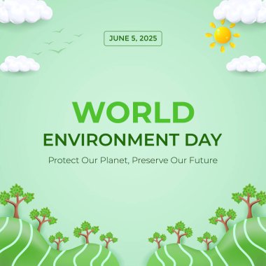Dünya Çevre Günü için doğa manzaralı yaratıcı bir illüstrasyon. Çevresel sürdürülebilirliği teşvik eder, canlı yeşil arka planda ağaçlar, bulutlar ve güneş ışığının yer almasını sağlar.