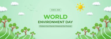 Dünya Çevre Günü onuruna doğa temalı unsurları içeren canlı bir illüstrasyon. Yeşil ağaçlar, güneşli gökyüzü ve gezegenimizi korumak ve geleceğimizi güvence altına almak için bir slogan içeriyor. Çevre kampanyaları için mükemmel..
