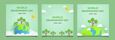 Dünya, ağaçlar, güneş ve çevresel farkındalığı ve yeşil yaşamı teşvik eden metnin yer aldığı Dünya Çevre Gününü vurgulayan Çizim Ayarla.