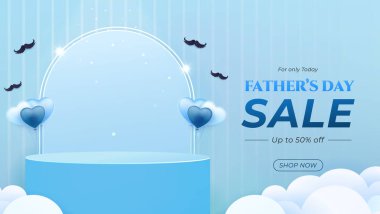 Babalar Günü promosyonu için canlı bir pankart tasarımı, mavi temalı arka plan, kalp şeklinde balonlar ve indirimli metinler içeriyor. Pazarlama için ideal Babalar Günü etkinlikleri, satışlar ve reklam kampanyaları
