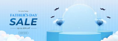 Babalar Günü için yaratıcı promosyon tasarımı. İçinde kalp şeklinde balonlar, şık bir yazı ve canlı mavi bir tema var. Özel indirimler sergilemek ve babaları kutlamak için harika bir teklif..