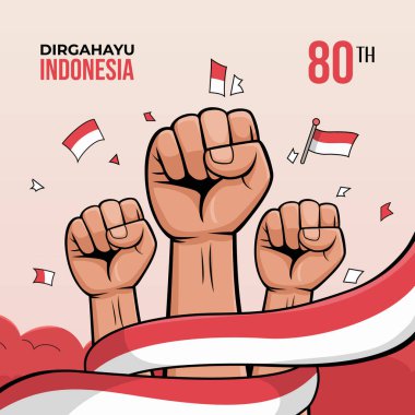 Endonezya bayrakları ve bağımsızlık kutlamalarıyla vurgulanan birlik içindeki yumrukların, gururu ve milli ruhu simgeleyen bir tasviri. Vatanseverliği, güçlendirmeyi ve dayanışmayı temsil eder..