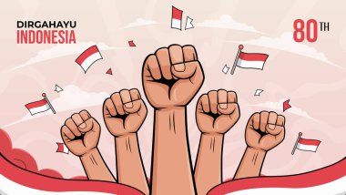 Kutlama, Endonezya bayrakları ve vatansever ruhu, birlik ve bağımsızlık gününü simgeleyen canlı bir illüstrasyon gösterisi yumrukları kaldırdı..
