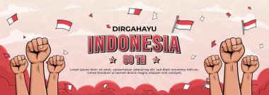 Endonezya 'nın Bağımsızlık Günü' nü kutlayan ilüstrasyonda yumruklar, bayraklar ve birlik, gurur ve ulusun ruhunu simgeleyen canlı bir vatanseverlik teması yer alıyor..