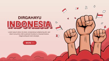 İllüstrasyon, Endonezya Bağımsızlık Günü 'nü temsil ediyor. Yumruk sallama, bayrak sallama ve coşkulu tasarımlarla birlik, vatanseverlik ve sanatsal bir gösteride milli gururu temsil ediyor..