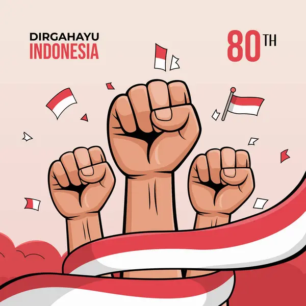 Endonezya bayrakları ve bağımsızlık kutlamalarıyla vurgulanan birlik içindeki yumrukların, gururu ve milli ruhu simgeleyen bir tasviri. Vatanseverliği, güçlendirmeyi ve dayanışmayı temsil eder..