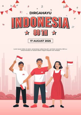 Endonezya 'nın Bağımsızlık Günü' nü neşeli ifadeler ve ulusal bayraklarla kutlayan insanların resmi.