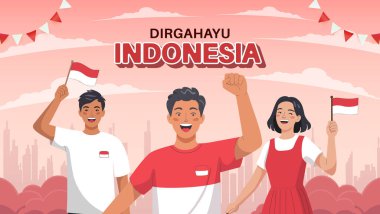 Bir grup neşeli insan Endonezya 'nın bağımsızlık gününü kutluyorlar, ellerinde kırmızı ve beyaz tonlarla ve neşeli bir gökyüzü arkaplanıyla bayraklar tutuyorlar. Tasarım gurur, neşe ve birlik hissi yayıyor..