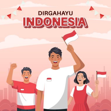 Bir grup neşeli insan Endonezya bayrağını sallıyor, ülkelerinin bağımsızlığını kutluyorlar..