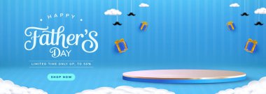 Mavi renkli Babalar Günü afişi, havada asılı duran hediyeler, bulutlar ve şenlikli dekor. Terfiler, kutlamalar ve babalara ve onların özel günlerine adanmış mevsimsel kampanyalar için mükemmel.