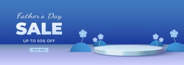 Babalar Günü 'nü indirimli indirimle kutlayın. Mavi arkaplan, zarif dekorasyonlar ve alışveriş ilgisi ve şenlik çekmek için promosyon metni içeren canlı bir tasarım..