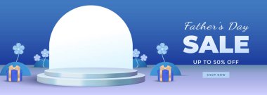 Babalar Günü 'nü bu şık satış afişiyle kutlayın. Hediye kutuları, çiçekler ve dairesel bir sahne..