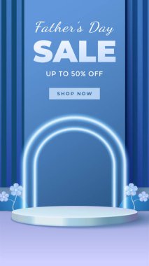 Dikey Mavi temalı tanıtım pankartı, modern neon ışıklandırma efektleri ve çiçek süslemeleri ile vurgulanan, bir Babalar Günü indirimi teklifi sunuyor..
