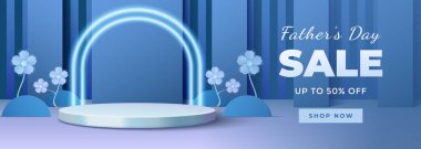 Açık mavi temalı, dairesel ekran podyumu ve minimalist grafik kompozisyonda dekoratif çiçek unsurlarının yer aldığı bir Babalar Günü satışını destekleyen parlak ve modern dijital reklam..
