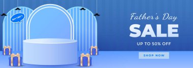 Babalar Günü için mavi temalı tanıtım afişi, sergi satışları, hediye kutuları ve özel teklifler. Babalar Günü 'nü takdir ve hediyelerle kutlayan pazarlama kampanyaları için mükemmel..