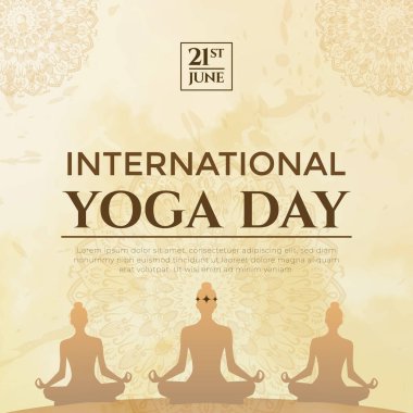 Uluslararası Yoga Gününü bu sakin resimle kutlayın meditasyon ve iç huzuru tasvir eden, yoga siluetleri içeren zarif bir mandala tasarım arka planında.