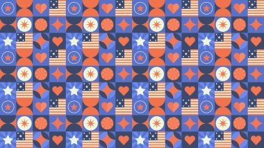 Amerikan bayrakları, kalpleri ve yıldızları, vatanseverliği kırmızı, beyaz ve mavi renkte geometrik şekillerle birleştiren kusursuz bir soyut desen..